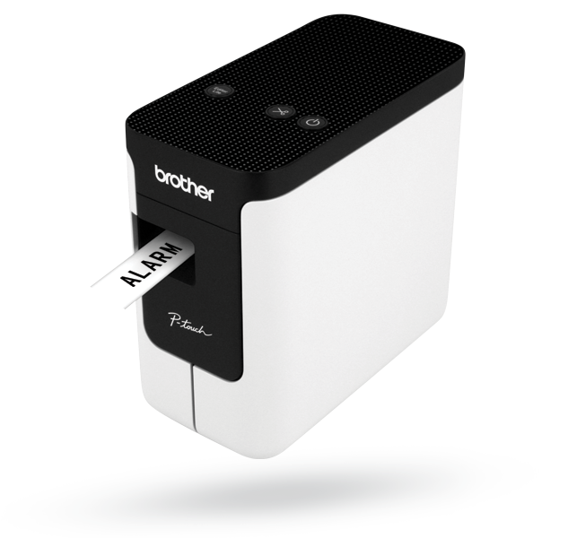 Ein Brother P-touch Etikettendrucker gibt ein Etikett mit der Aufschrift 'ALARM' aus.
