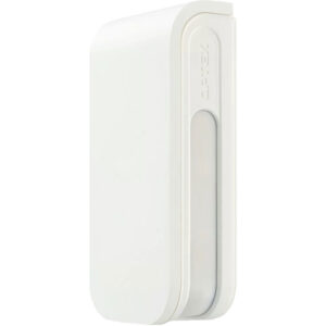 Ein weißer, kompakter, vertikal orientierter WiFi-6-Router mit abgerundeten Ecken und einem diagonalen Design auf der Vorderseite.