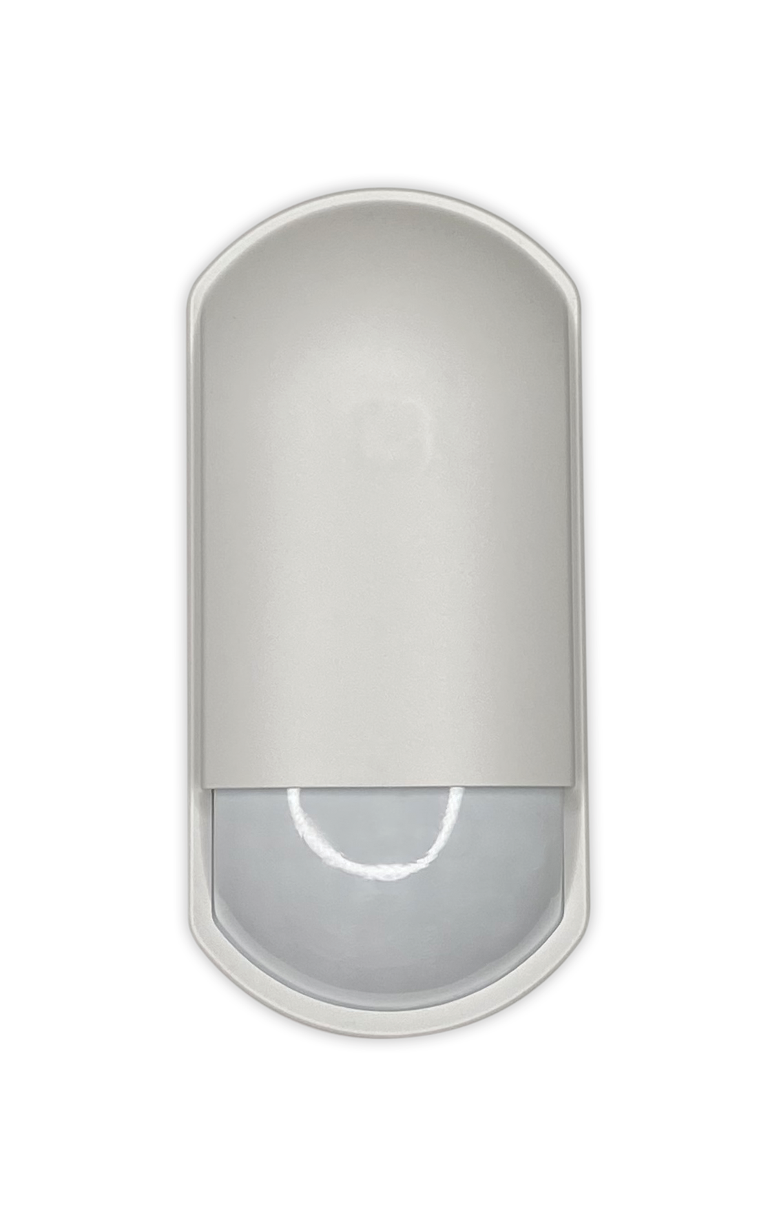 Ein weißer Bewegungssensor mit abgerundeten Kanten, montiert an einer Wandoberfläche.