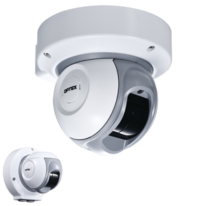 Zwei weiße Überwachungskameras der Marke Optex in moderner Kugelform mit einem schwarzen, glänzenden Objektivbereich.