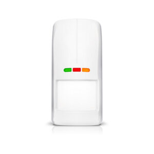 Ein weißer Bewegungssensor mit drei LED-Anzeigen in Grün, Rot und Orange auf der Vorderseite.