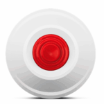 Ein roter Knopf in der Mitte eines weißen, runden Gehäuses.