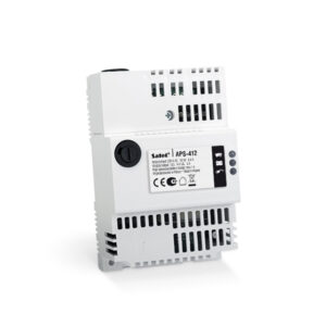 Netzteilgerät Satel APS-412 in weißer Farbe mit Belüftungsschlitzen und technischen Informationen auf der Vorderseite.