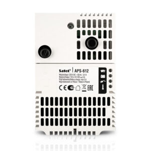 Rückansicht eines Satel APS-612 Geräts, das über Eingangs- und Ausgangsspezifikationen auf einem weißen Gehäuse mit Lüftungsschlitzen verfügt.