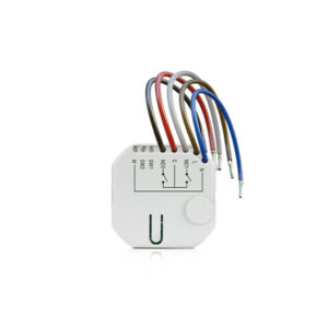 Ein elektrisches Schaltmodul in einem weißen Gehäuse mit mehreren abisolierten Kabeln in verschiedenen Farben verbunden, das für die Installation in elektrischen Systemen vorgesehen ist.