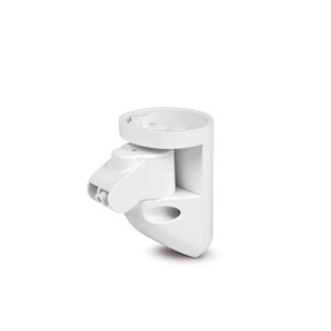 Weiße Wandhalterung für eine Duschstange, mit einem runden oberen Teil und einer Abdeckung, die den Haltemechanismus schützt.