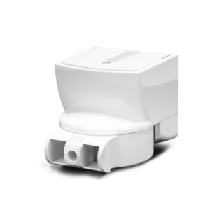 Weißer, quadratischer Kunststoffadapter mit einer runden Basis, vermutlich ein Sensor oder Koppler, auf einem weißen Hintergrund platziert.