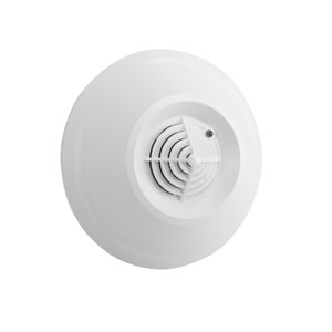 Ein weißer Rauchmelder mit rundem Gehäuse und zentralem Gitterdesign.