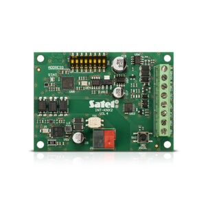 Elektronikplatine mit verschiedenen Chips, Widerständen und Kondensatoren, die mit "INT-KNX2" beschriftet ist, von der Marke Satel.