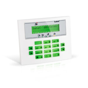 Ein weißes Tastenfeld des Herstellers Satel, mit einem grünen Display und grünen Tasten, das zur Steuerung eines Sicherheitssystems verwendet wird.