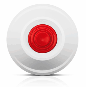 Ein rot-weißer Notfallknopf mit einem zentral platzierten roten Knopf auf einer weißen runden Basis.