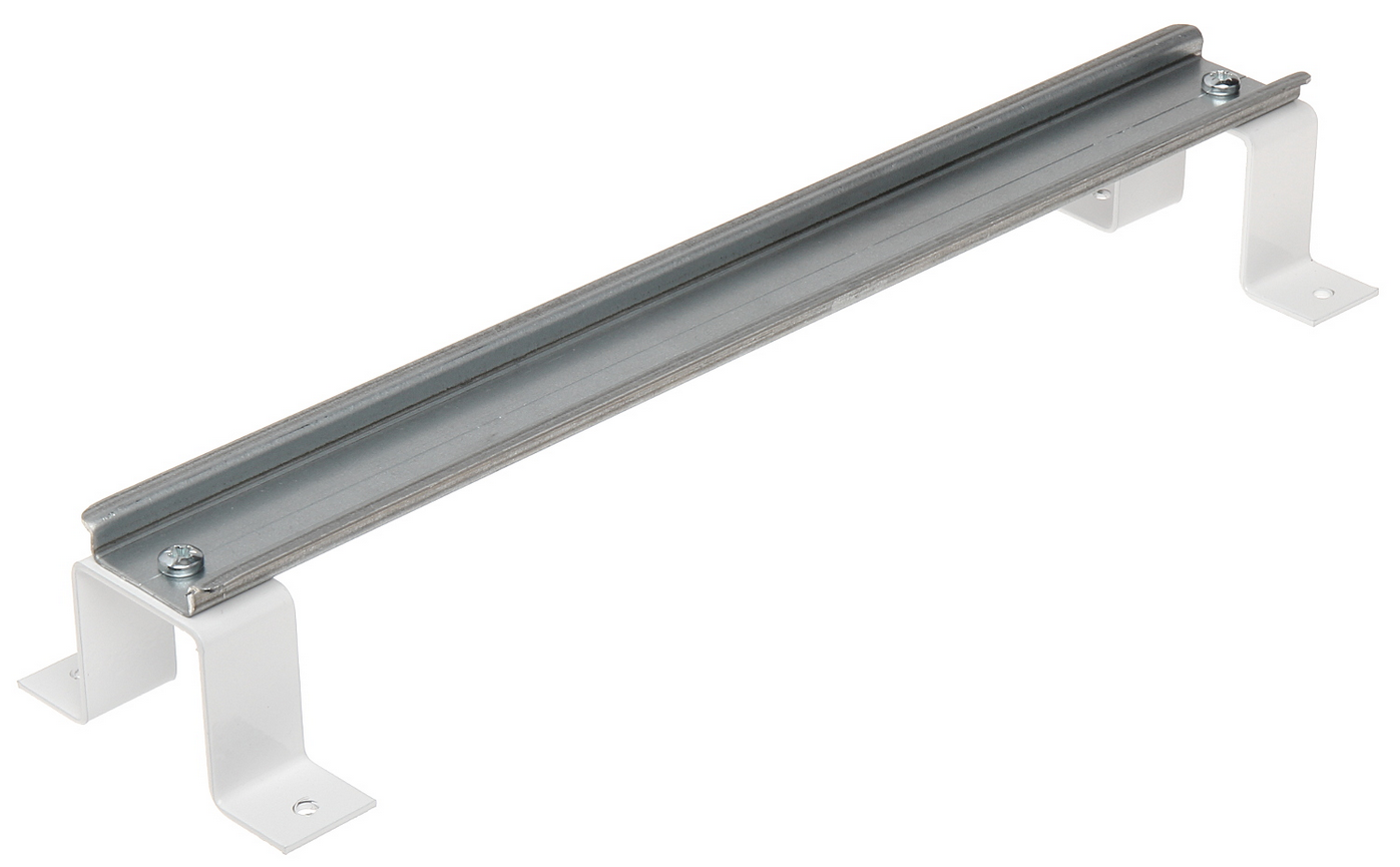 Ein metallener Träger oder Montageschiene, die auf zwei weißen Halterungen montiert ist, mit sichtbaren Schrauben an den Enden zur Befestigung.