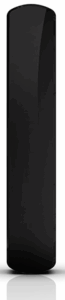 Schwarze, schlanke Soundbar mit abgerundeten Kanten, stehend aufrecht auf einer reflektierenden Oberfläche.