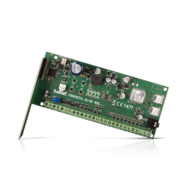 Eine grüne elektronische Leiterplatte mit verschiedenen Komponenten und Anschlüssen, beschriftet mit 'PerFecta 16 WRL' und CE-Kennzeichnung.