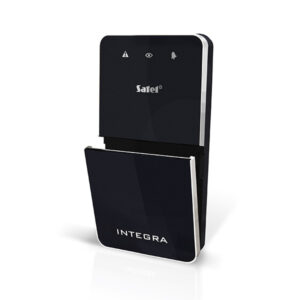 Schwarzes elektronisches Lesegerät mit der Aufschrift "INTEGRA" auf der unteren Abdeckung und Symbolen für Warnungen, Sichtbarkeit und Benachrichtigungen oben.