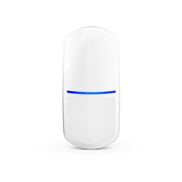 Weißer Bewegungsmelder mit blauem LED-Streifen in der Mitte, vor einem weißen Hintergrund.