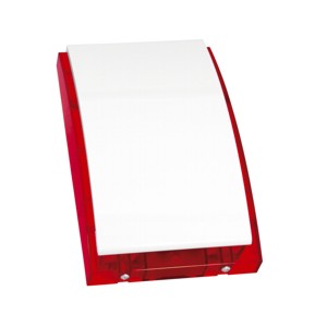 Ein rechteckiges Gerät mit einer weißen Vorderseite und einem roten Gehäuse, vermutlich ein elektronisches Alarm- oder Signalgerät.