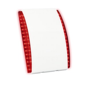 Ein weißes Gerät mit roten LED-Leuchten an den Seiten, möglicherweise ein Alarmsystem.