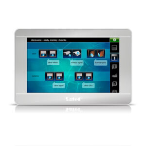 Ein Touchscreen-Panel mit einem Benutzerinterface zur Steuerung von Rollläden, Markisen und Gartentoren, displaying multiple icons and options labeled in Polish.