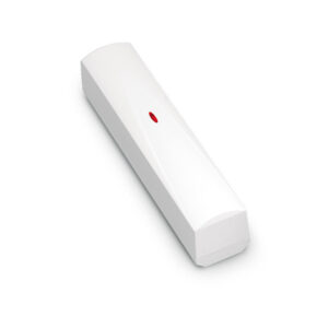 Ein weißer, länglicher Sensor mit einer roten LED-Leuchte in der Mitte, möglicherweise ein Tür- oder Fensterkontakt.