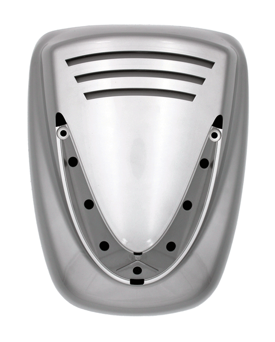 Ein silberner Handtrockner mit einem modernen, abgerundeten Design, das Belüftungsschlitze und mehrere kleine, runde Öffnungen aufweist.