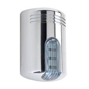 Silberner elektrischer Händetrockner mit abgerundetem Design und Lüftungsschlitzen an der Vorderseite.