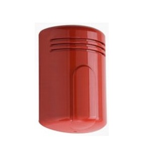 Rotes zylinderförmiges Gerät mit Lüftungsschlitzen oben, möglicherweise ein Gehäuse oder eine Abdeckung.