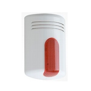 Weiße elektronische Sirene mit einem roten Licht auf der Vorderseite.