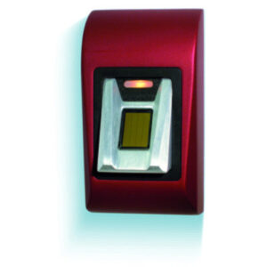 Roter biometrischer Fingerabdruck-Scanner mit einem kleinen gelben Lesebereich in der Mitte und einer leuchtenden Anzeige darüber.