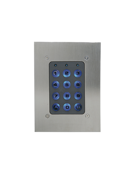 Ein metallisches Zugangstastatur mit einer beleuchteten numerischen Tastenanordnung und zusätzlichen Tasten A und B.