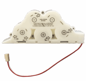 Ein weißer Batteriehalter von Jablotron mit der Modellnummer BH-80A, der fünf C-Batterien (LR-14) aufnehmen kann, mit Plus- und Minusmarkierungen sowie einem roten Kabel.
