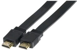 Zwei schwarze HDMI-Kabel mit flachen Steckern, die nebeneinander liegen.