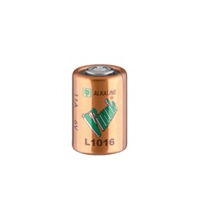 Eine Alkaline-Batterie vom Typ L1016 mit brauner Umhüllung und grünen Markierungen, aufrecht stehend auf weißem Hintergrund.