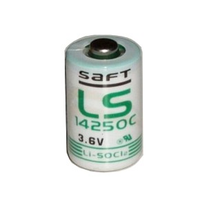Ein zylindrischer Lithium-Batterie mit der Aufschrift 'SAFT LS 14250C 3.6V Li-SOCl2'.