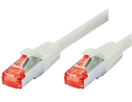 Graues Ethernet-Kabel mit zwei roten RJ45-Steckern an beiden Enden.