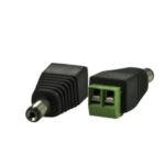 Zwei Adapter: Einer mit einer Hohlstecker-Buchse und der andere mit einer Schraubklemmen-Verbindung, beide in schwarzem und grünem Kunststoffgehäuse.