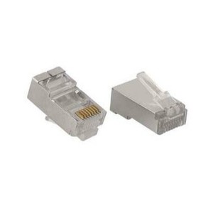 Zwei RJ45-Stecker mit Metallgehäuse, einer zeigt die goldfarbenen Kontakte, der andere die Rückseite.
