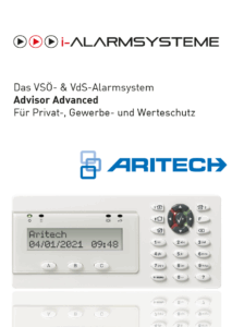 Werbung für das Alarmmanagementsystem "Advisor Advanced" von i-Alarmsysteme, geeignet für Privat-, Gewerbe- und Werteschutz, mit einem Bild eines Aritech-Alarmbedienfelds mit Display und Tasten.