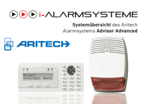 Systemübersicht für das Aritech Alarmsystem Advisor Advanced, Logo und Schriftzug von i-Alarmsysteme sowie ein Bild einer Alarmsteuerung und eines Alarmsignalgebers.