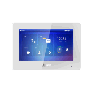 Ein modernes, weißes Tablet mit einem Touchscreen, das ein blaues Benutzeroberflächenlayout anzeigt, inklusive Uhrzeit, Datum und App-Symbolen für Anrufe und Nachrichten.
