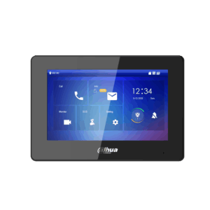 Digitale Video-Gegensprechanlage von Dahua mit einem Touchscreen, der verschiedene Funktionen wie Anruf, Info, Monitor, SOS und Einstellungen anzeigt.