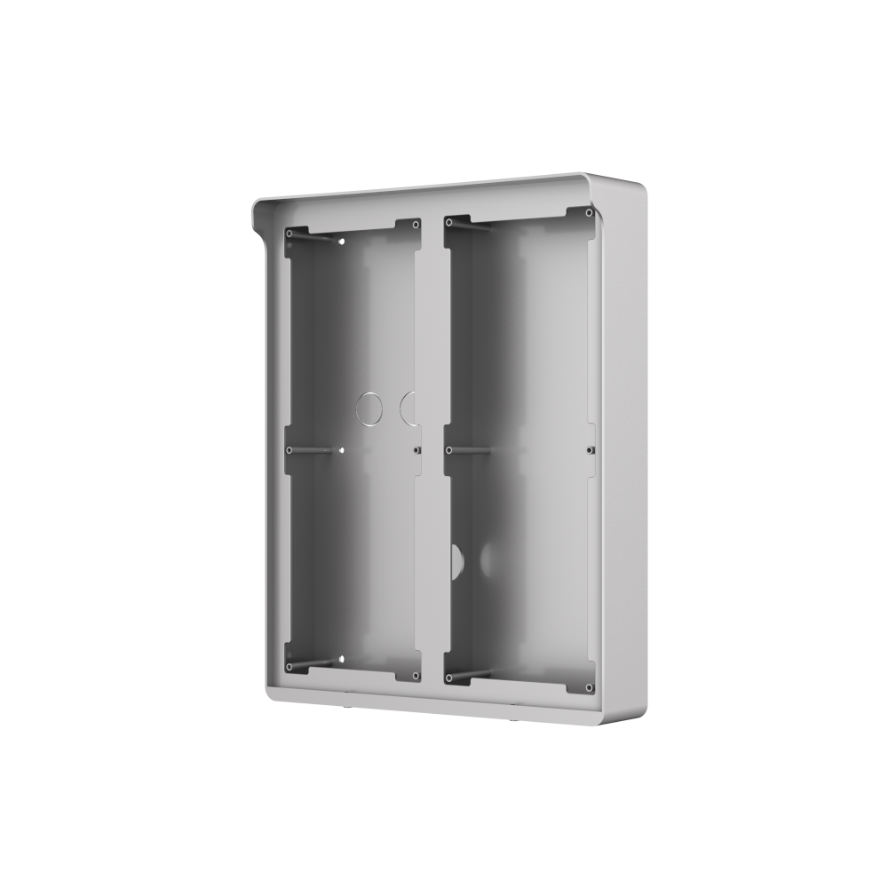 Metallischer Gehäusekasten mit zwei vertikalen Kammern und mehreren Befestigungslöchern.