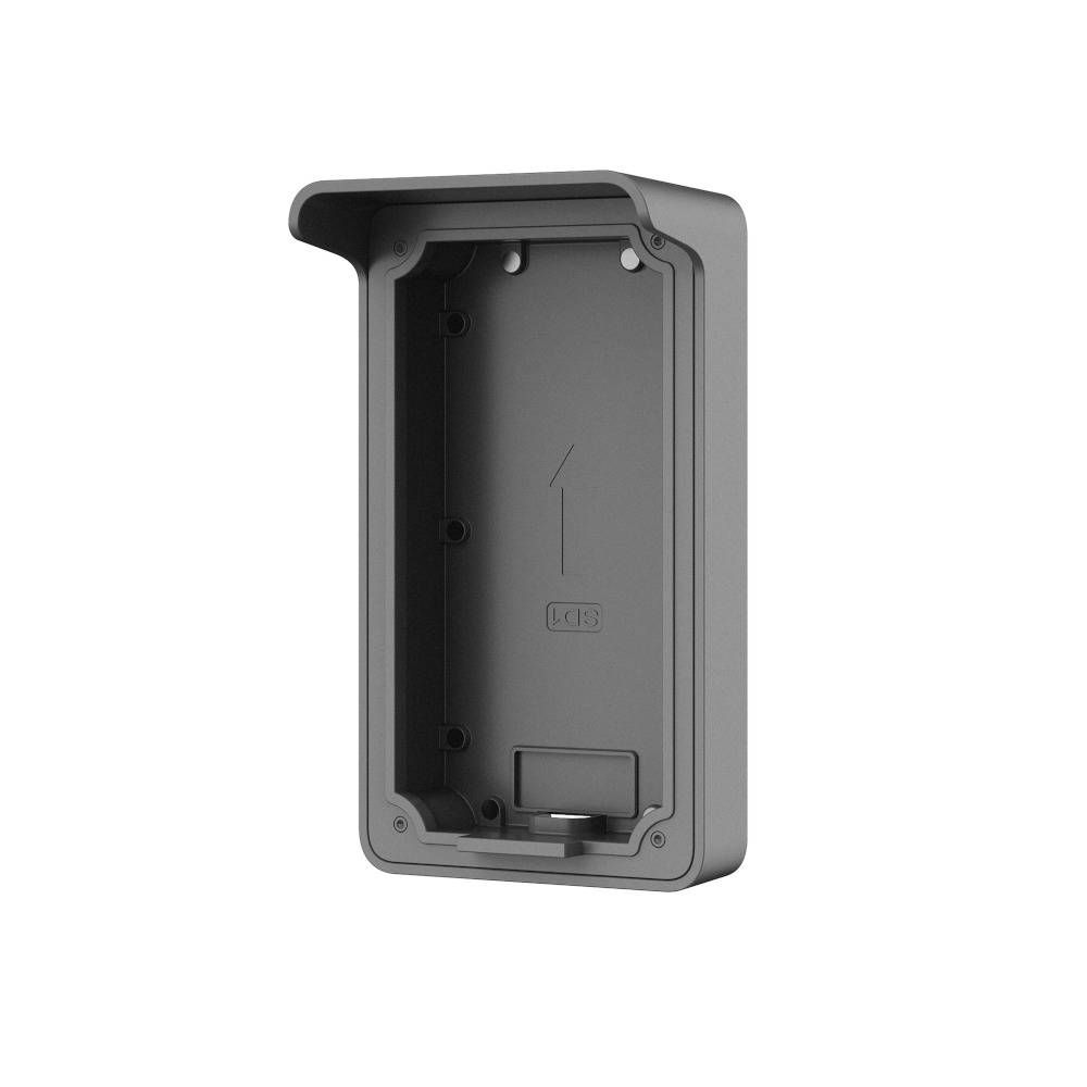 Graues Gehäuse mit rechteckiger Vertiefung und Überdachung, geeignet für die Installation von Geräten oder Komponenten.