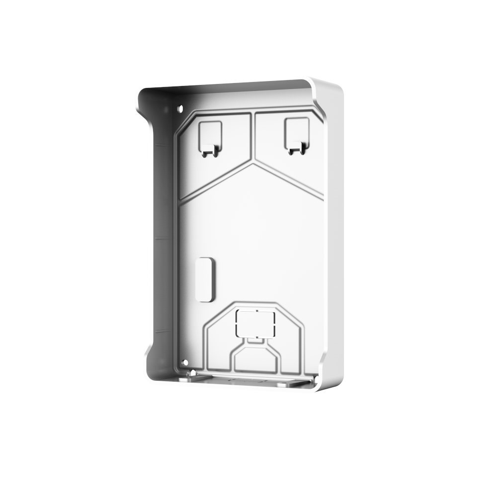 Weiße rechteckige Kunststoffbox mit abgerundeten Ecken und einem offenen Design; die Innenfläche zeigt geometrische Linien und Montagepunkte.