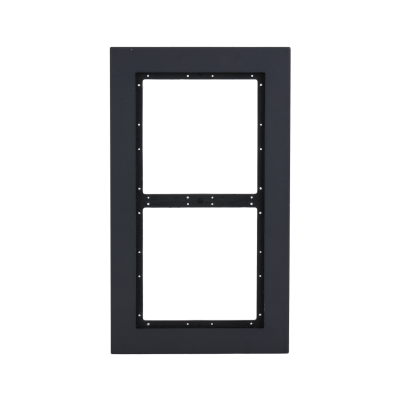 Schwarzer rechteckiger Metallrahmen mit zwei übereinander liegenden Öffnungen in der Mitte, auf schwarzem Hintergrund.