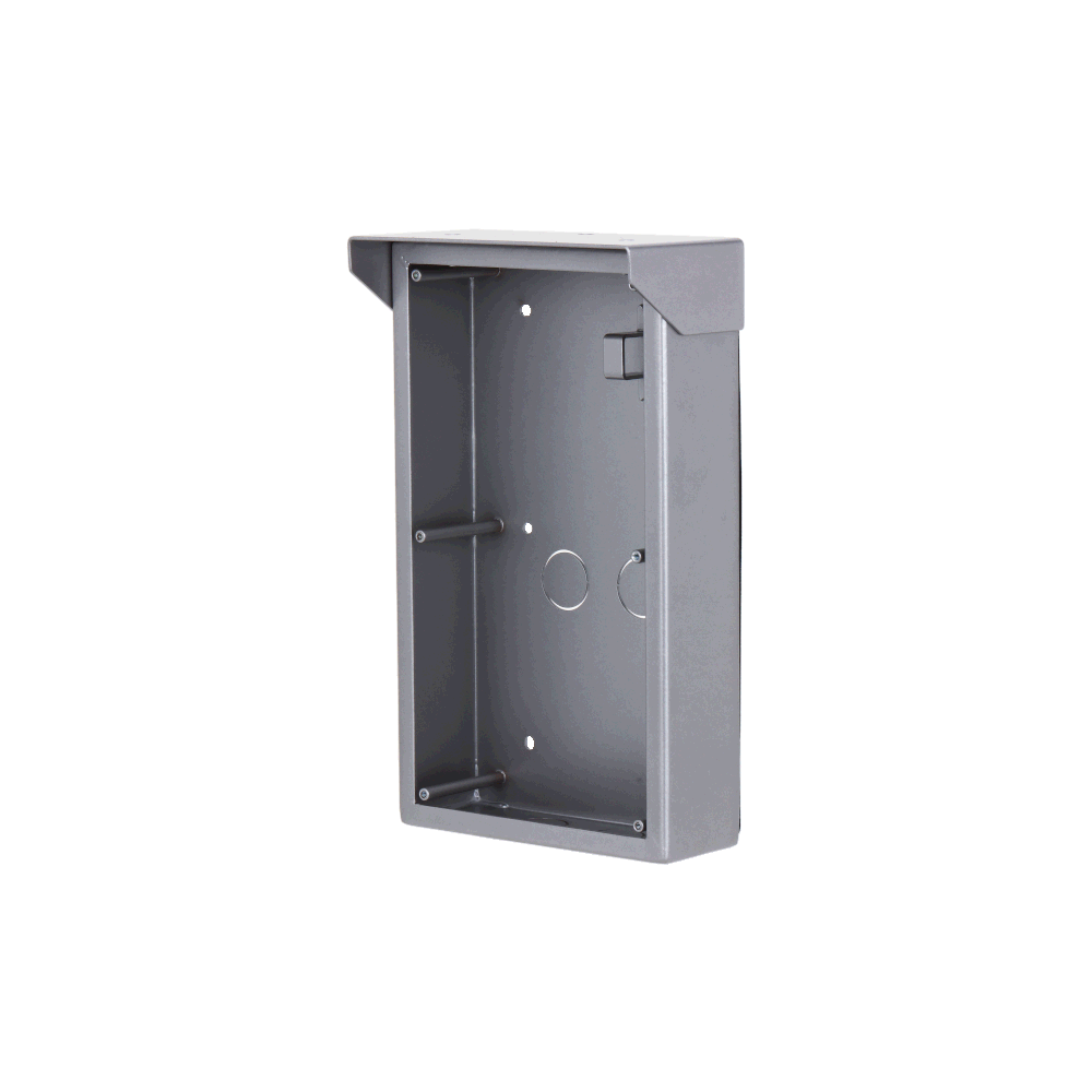 Metallischer Wandkasten in rechteckiger Form mit abgeschrägtem oberen Rand, vor dunkelgrauem Hintergrund schwebend.