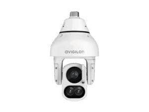 Eine weiße Avigilon-Überwachungskamera mit einem schwenkbaren Gehäuse und zwei sichtbaren Linsen.
