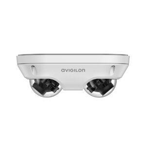 Eine weiße Avigilon Überwachungskamera mit zwei kuppelförmigen Linsen auf der Unterseite.