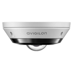 Kuppelförmige Sicherheitskamera von Avigilon mit grauem Gehäuse und schwarzer Basis.