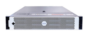 Ein Server-Gehäuse mit einem weißen, perforierten Frontgitter und einem zentralen Logo von Avigilon.